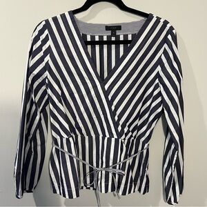 Jcrew V Neck Tie Waist Navy Stripe Top Size 10